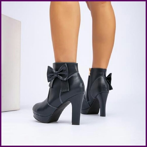 Women's Chunky Heel Ankle Boots Bow Decor Platform Side Zipper Dress Shoes - Picture 6 of 8